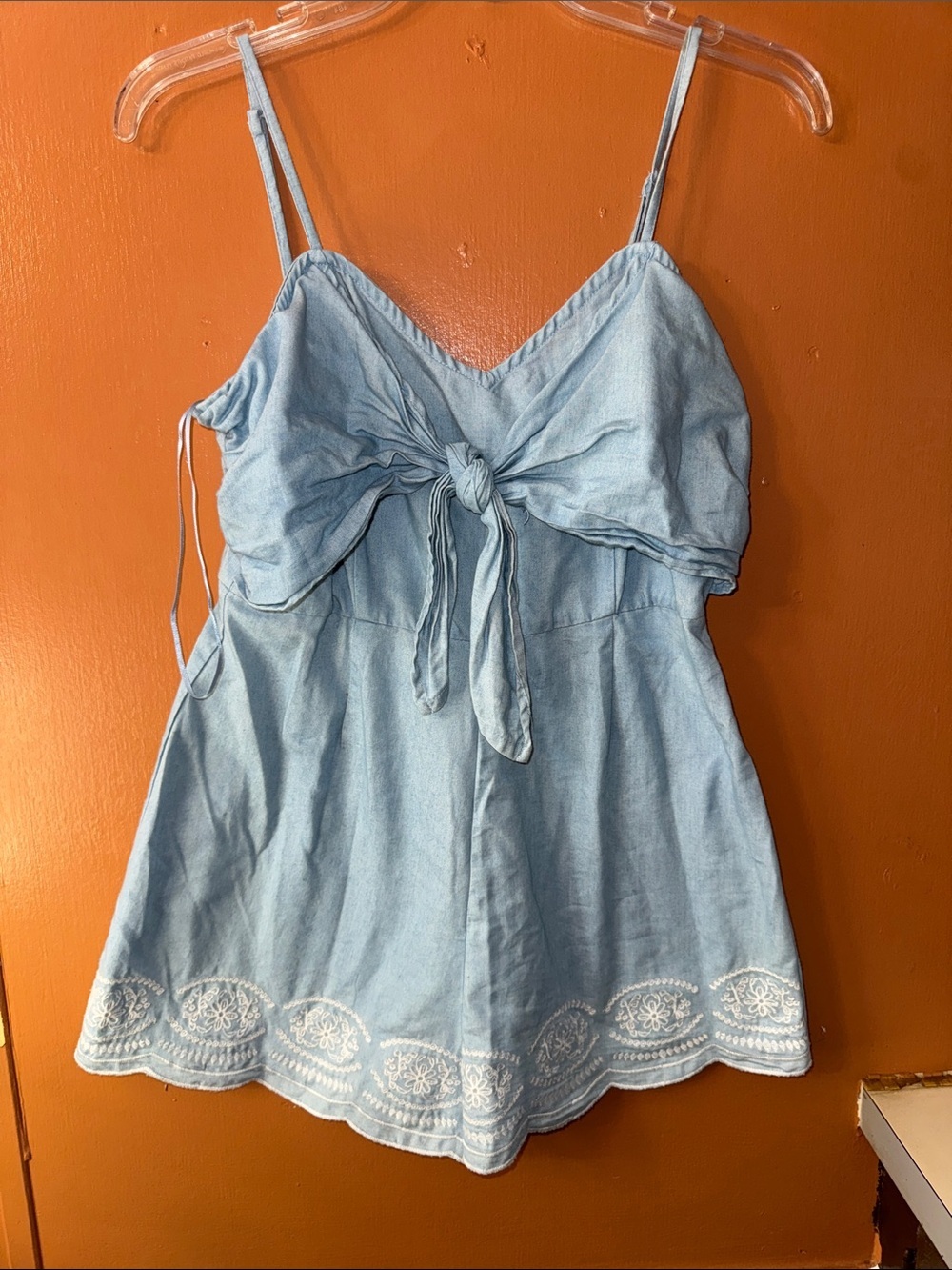 Flying Tomato Light Blue Tie-Front Denim Romper with Embroidered Hem